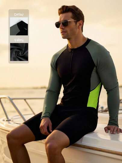 Manfinity Swimmode 男士撞色圆领长袖连体泳衣