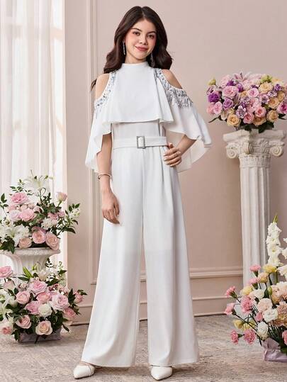 Pitira Teen Girl Knitted White Patchwork Sequin Tassel Elegant Casual Jumpsuit Jumpsuit For Teen Girl Formal Jumpsuit For Girls White Jumpsuit For Girls Ruffle Jumpsuit White Jumpsuit For Teen Girl Ruffle Teen Jumpsuit