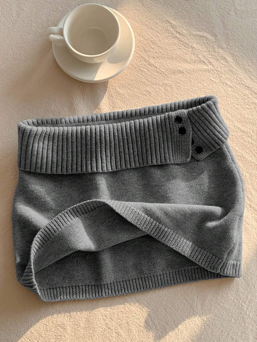 Comfortcana 女士纯色针织罗纹休闲百搭毛衣裙，韩版秋冬款 - 深灰色 - 查看 1