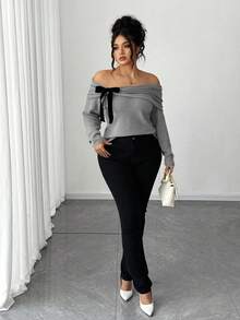 Elenzga Plus Size Women's Solid Color Knitted Off-Shoulder Bow Long Sleeve Pullover Sweater,Pink And Grey,Autumn,Elegant,Everyday Winter Grey Top - Grey - View 7