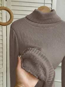 Franclia 时尚百搭高领厚款无缝修身长袖针织毛衣，百搭秋冬 - 藕粉色 - 查看 7