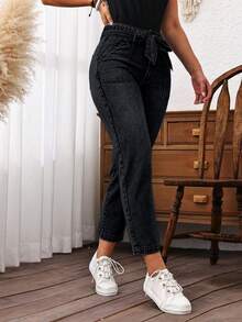 EMERY ROSE 女士系带前口袋休闲直筒牛仔裤（配腰带）