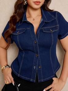 Elaquor 大码女式弹力腰牛仔短袖衬衫 - 深色水洗藍 - 查看 7