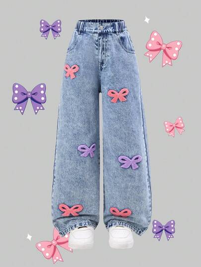 少女可爱风牛仔裤，复古浅蓝色牛仔布，饰有蝴蝶刺绣，宽松直筒版型，面料柔软舒适，适合日常穿着、上学和通勤，春夏秋冬皆宜。