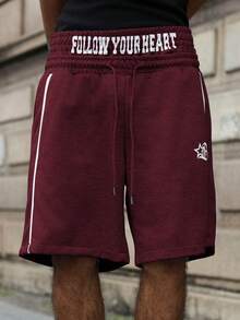 Manfinity EMRG Young, Streetwear Style Double Waistband, Printed, Webbing Plus Size Men Shorts - Burgundy - View 3