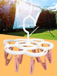 SHEIN 16 Clips Portable Socks Cloth Hanger Rack Clothespin Folding Multifunctional Wardrobe Storage Cloth Hangers Plastic Drying Racks - Pink - View 7