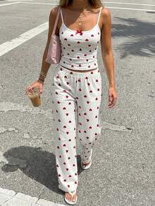 Aloruh 2pcs Women's Summer Casual Heart Allover Print Bow Tie Spaghetti Strap Top And Pants Set, Valentine's Day Outfit, Suitable For Valentine's Day Date, Y2K - Multicolor - View 4