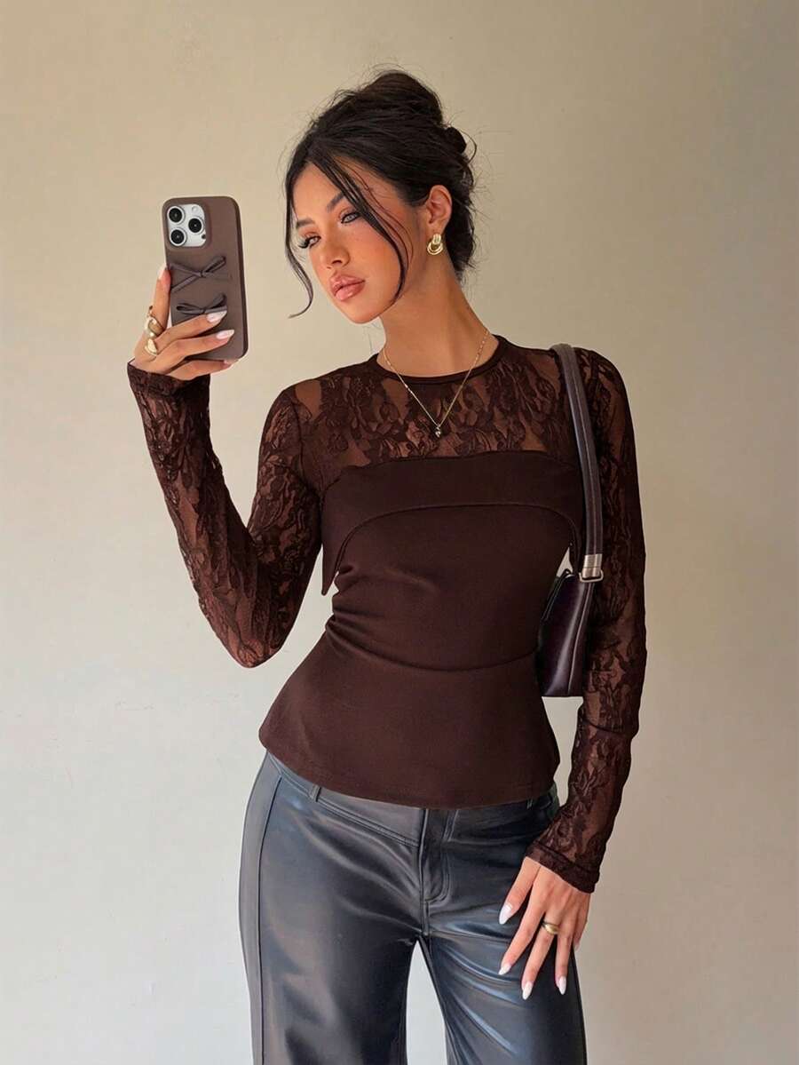 Siren Gaze 女士优雅蕾丝拼接薄纱衬衫，秋冬款 - 棕色 - 查看 1