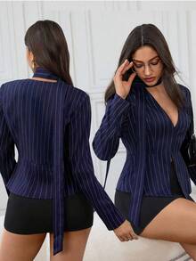 Aidyla 女士通勤时尚条纹长袖衬衫，下摆开衩 - 藏蓝色 - 查看 8