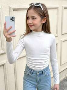 SHEIN Serisse Kids 少女领口褶皱基础款纯色针织T恤，适合秋冬季休闲日常穿着及上学穿着。 - 白色 - 查看 8