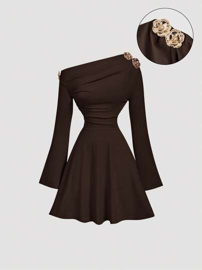 SHEIN MOD Women's Metal 3D Floral Decor Asymmetric Shoulder Long Sleeve Ruched Fashionable Mini Dress