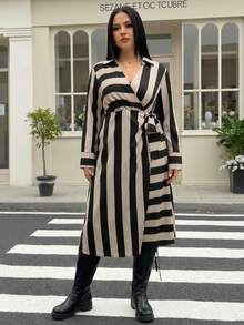 SHEIN LUNE Plus Size Striped Print Tie Front Wrap Long Sleeve Dress - Multicolor - View 6