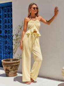 Vivid Eden Conjunto de 2 piezas de verano con top de tirantes de unicolor sin mangas casual y pantalones rectos sueltos - Amarillo claro - Ver 6