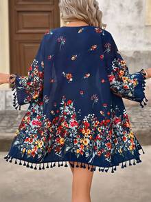 Brillora Floral Print Tassel Trim Kimono Summer - Multicolor - View 2