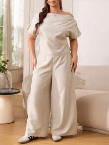 SHEIN EZwear 大码女式蝙蝠袖船领上衣和阔腿裤休闲两件套，春夏款 - 杏色 - 查看 3