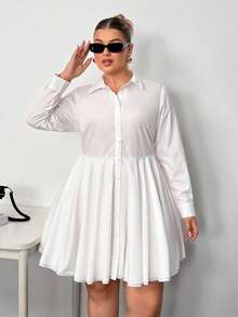 Truni 大码纯色前开襟休闲百搭长袖连衣裙/秋冬 - 白色 - 查看 4