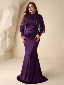 Coutiva Plus Size Elegant Long Sleeve Embroidered Cape With Pearl Rhinestone Design Hem Mermaid Skirt With Side Draping Design Suitable For Mother Of The Bride Dress, Wedding Guest Dress, Formal Dinner Dress Valentines Dress Elegant Dress Sequin Dress Floral Dress - Purple - View 4