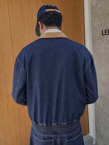 SWAVVY 男士休闲撞色领夹克，秋季复古牛仔街头风夹克，90年代街头服饰 - 藍色 - 查看 2