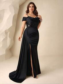 Coutiva Đầm dạ hội cỡ lớn dành cho nữ, màu trơn, đính sequin, kiểu trễ vai. - màu đen - Xem 6