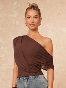 Lumalex 新款高端女士休闲日常通勤优雅纯色腰部不对称肩部褶皱优雅上衣，秋季/商务休闲 - 棕色 - 查看 6