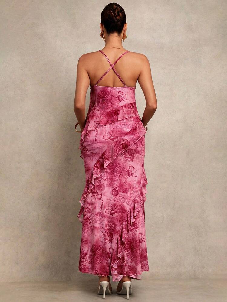 MaterniChic Maternity Floral Print Patchwork Ruffle Trim Fitted Elegant Camisole Dress - Hot Pink - View 2