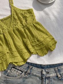 Comfortcana 女士纯色荷叶边下摆时尚吊带背心 - 綠色 - 查看 5