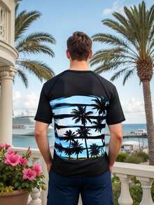 Manfinity Swimmode 男士棕榈树印花插肩短袖防晒衣 - 黑色 - 查看 2