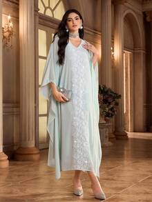 Al Najma 女士花卉刺绣V领蝙蝠袖优雅阿拉伯连衣裙 - 薄荷綠 - 查看 4