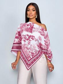 SOLERSUN 女士秋冬休闲优雅不对称领长袖不对称下摆衬衫，时尚复古日落假日印花蝙蝠袖上衣，新款上市，百搭，适合秋冬、日常通勤、外出穿着 - 酒紅色 - 查看 4