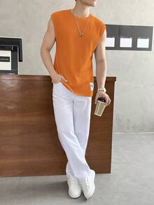 SWAVVY 男士纯色圆领休闲百搭通勤针织背心橙色上衣男士上衣男士无袖网眼上衣男士夏季上衣针织上衣 - 橘色 - 查看 4