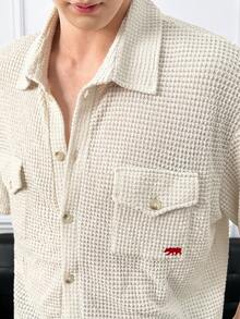 Manfinity BRENVOR Men's Solid Color Drop Shoulder Short Sleeve Front Button Hollow Out Jacquard Knit Shirt - Beige - View 2