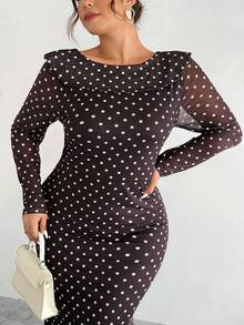 Firerie Vestido largo con espalda descubierta y dobladillo de cola de pez con lunares de café para mujer de talla grande, vestido de lunares blancos sobre base de café, vestido de malla elástica con forro, elegante para uso diario, viajes, fiestas, adecuado para primavera, otoño, invierno, elegante, viajes, citas, fiestas, bodas, graduaciones, actuaciones, conciertos, trabajo, reuniones anuales, vestido de cumpleaños para mujer - Café integral - Ver 9