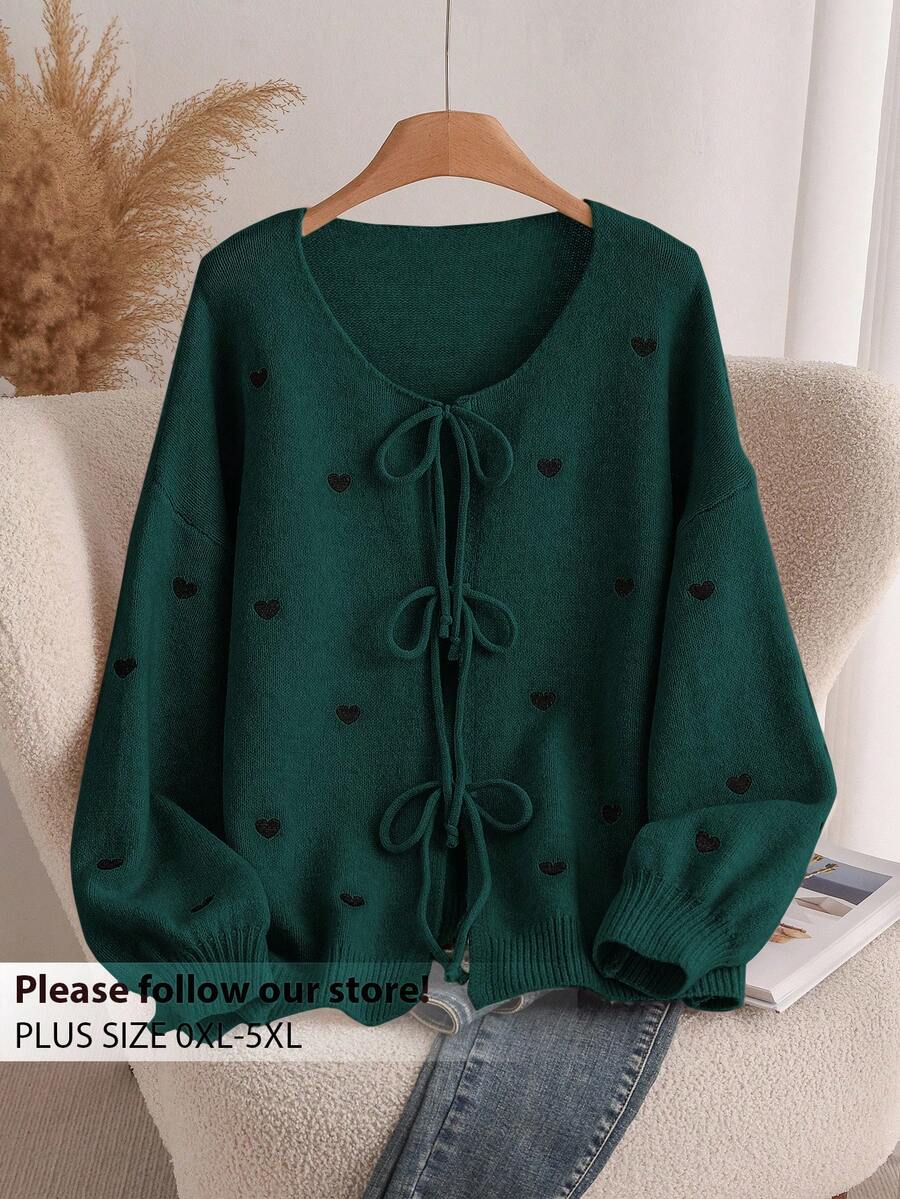 CosyJoli Plus Size Women Heart Knitted Cardigan, French Elegant Fashion Autumn/Winter Sweater Coat Thanksgiving - Dark Green - View 1
