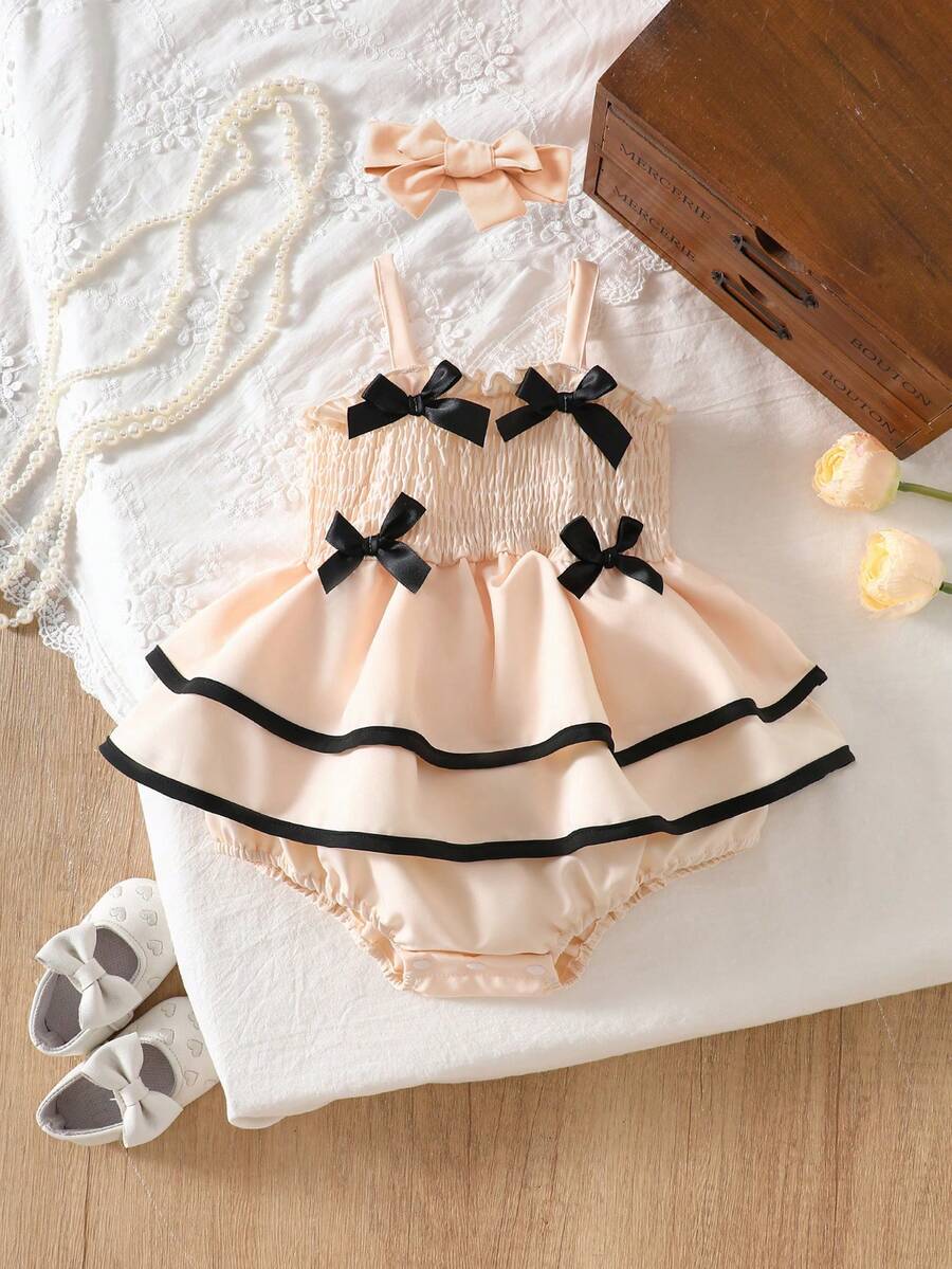 1 Piece Baby Girl Elegant Sweet-Style Ruffled Trim & Bow-Detailed Sleeveless Tiered Bodysuit Lightweight Soft Breathable Flowy One-Piece Outfit For Daily Wear & Cute Photo Shoots Spring & Summer Fashion Ensemble
