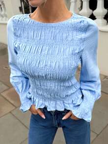 Siren Gaze Women's Solid Color Round Neck Pleated Long Sleeve Fashion Blouse Spring Casual Smocked Top Baby Blue Top Women Ruffle Blouse Blue Long Sleeve Top Light Blue Blouse - Blue - View 2