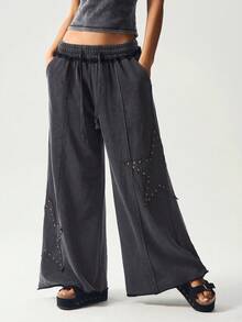 Bohemela Women's Casual Solid Color Knit Loose Wide-Leg Washed Pants - Grey - View 3