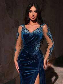 Glamrae 优雅奢华亮片蕾丝贴花拼接弹力天鹅绒褶皱薄纱长袖性感开衩鱼尾连衣裙，适合婚礼、派对、写真、度假、晚宴等场合。 - 湖藍色 - 查看 6