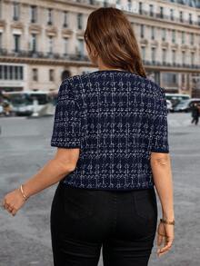 SHEIN Clasi Plus Size Women V-Neck Plaid Button Decor Short Sleeve Jacket - Royal Blue - View 2