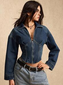Easelle 女士纯色复古落肩长袖修身拉链牛仔上衣 - 深色水洗藍 - 查看 5