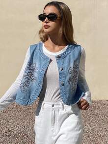 DAZY Women's Round Neck Cropped Floral Embroidered Sleeveless Open Front Casual Vacation Denim Top - Medium Wash - View 4