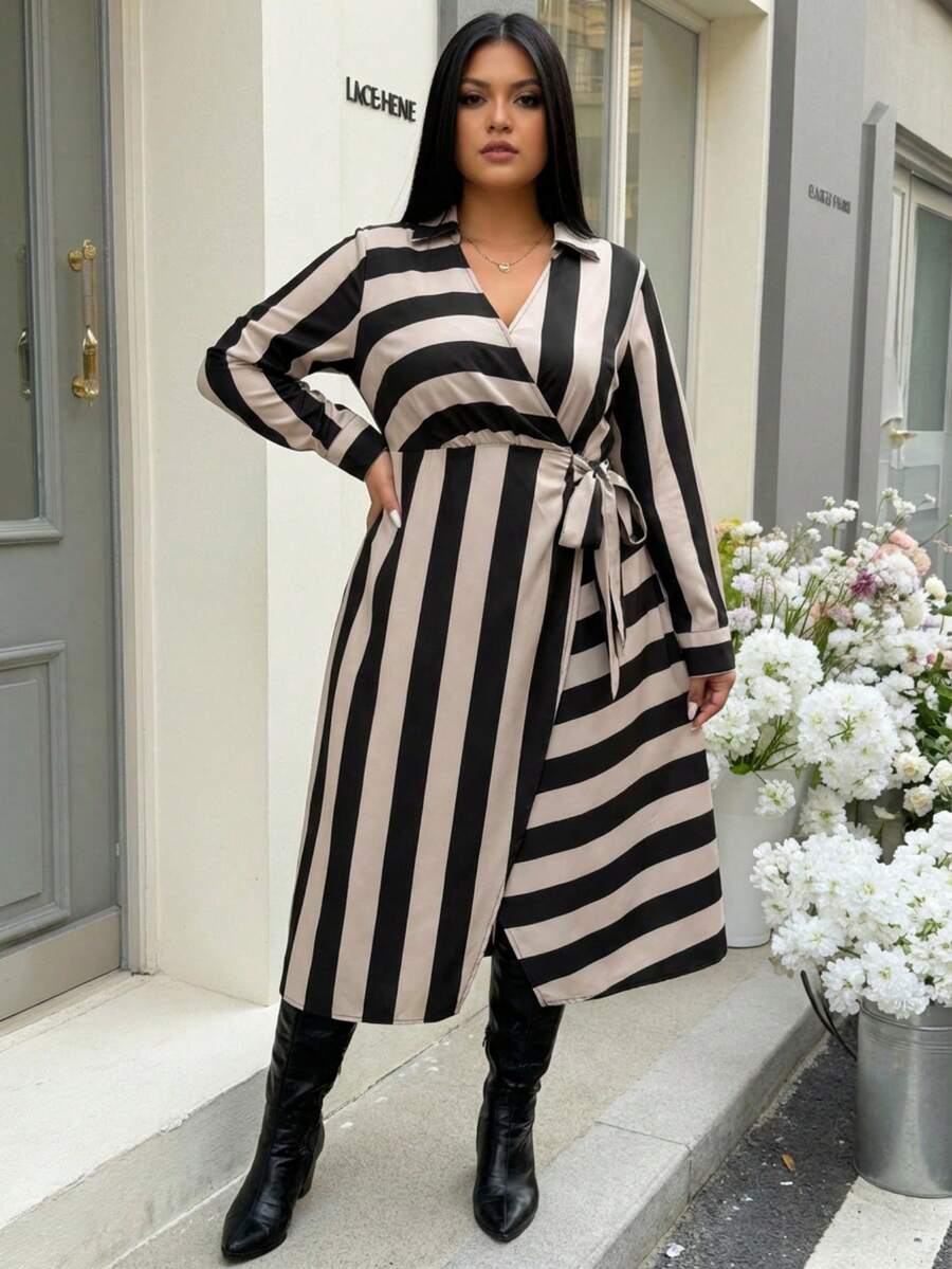 SHEIN LUNE Plus Size Striped Print Tie Front Wrap Long Sleeve Dress - Multicolor - View 1