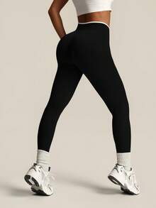 Women's Seamless Contrast Color Yoga Leggings - Black - View 2