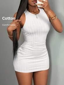 Slaydiva Đầm ôm body không tay cổ tròn bó sát/váy ngắn, màu xanh trơn, trang phục cơ bản thường ngày mùa hè - trắng - Xem 9