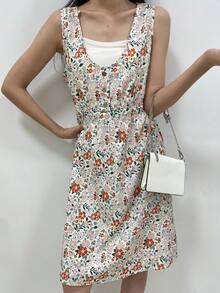 Women's Floral Print V-Neck Summer Casual Sleeveless Dress - Multicolor - View 3