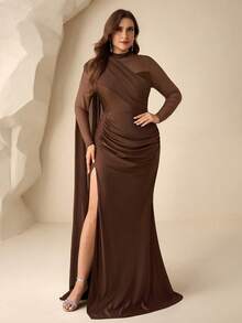 Coutiva 大码女式纯色撞色网纱荷叶边侧开衩下摆优雅正式晚礼服（重工装饰） - 棕色 - 查看 1