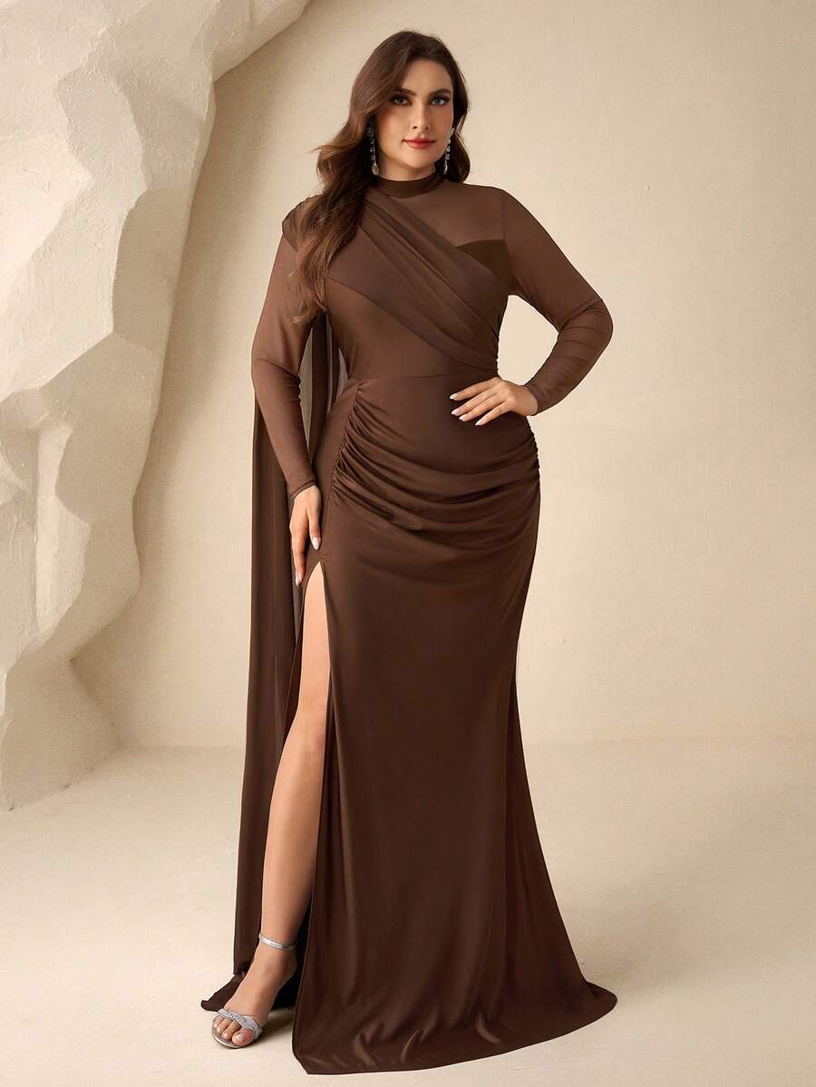 Coutiva 大码女式纯色撞色网纱荷叶边侧开衩下摆优雅正式晚礼服（重工装饰） - 棕色 - 查看 1