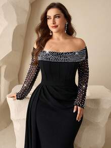 Coutiva Plus Size Women Faux Pearl Decor Mesh Patchwork Long Sleeve Flowy Elegant Formal Evening Gown Plus Size Off The Shoulder Elegant Dress Plus Size Black Evening Gown Plus Size Black Cocktail Dress Off The Shoulder Plus Size Dress Plus Size Curve Elegant Dress Plus Size Evening Gown Plus Size Black Elegant Dress Plus Size Corset Dress Valentines Dress Elegant Dress Sequin Dress Floral Dress Luxury - Black - View 7