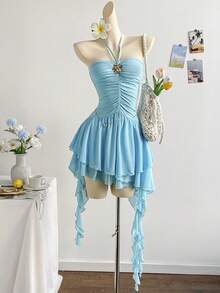 Soleia Váy ngắn hở lưng dáng chữ A, viền không đều, chất liệu lưới đan màu xanh lãng mạn, phù hợp cho ngày lễ tình nhân, phong cách vườn, thanh tao, phóng khoáng, boho, kỳ nghỉ, mùa thu - Màu xanh nhạt - Xem 1