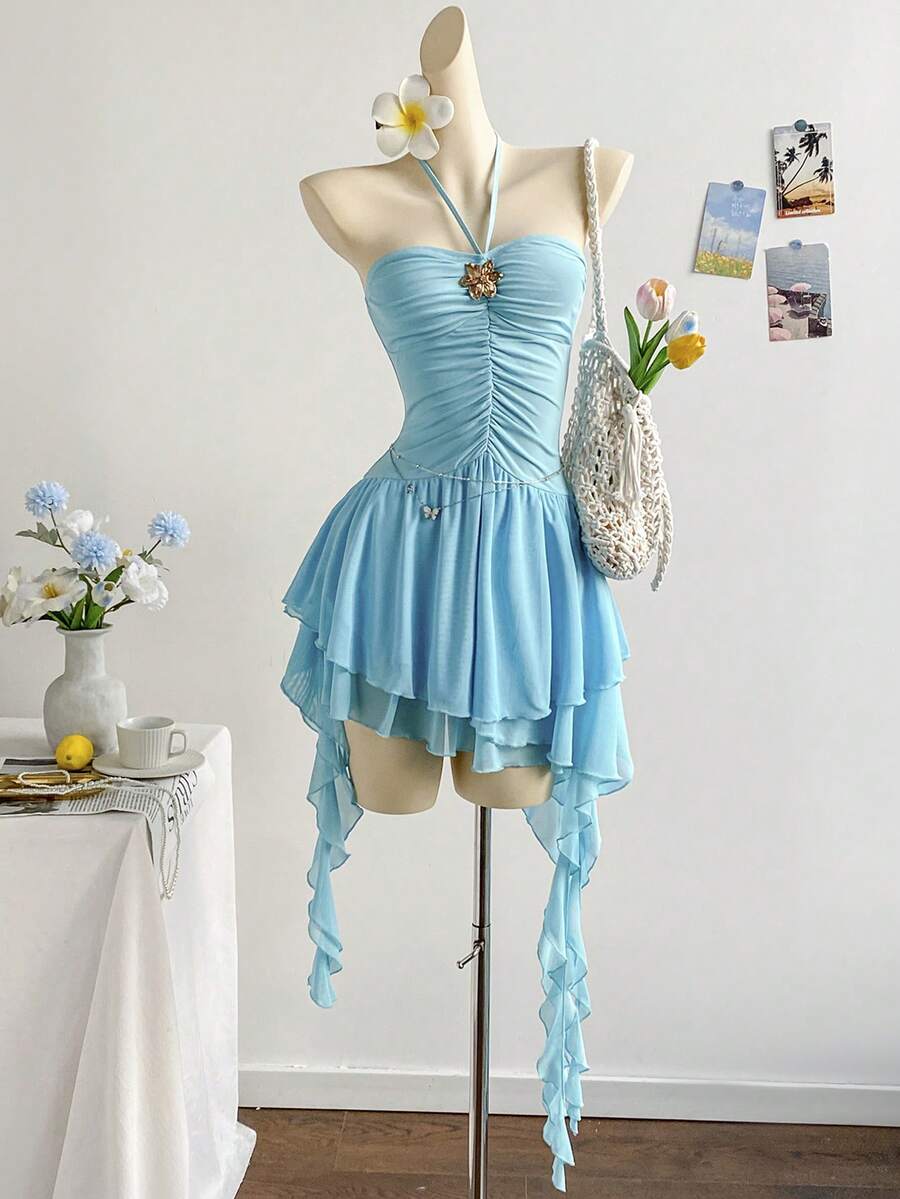 Soleia Váy ngắn hở lưng dáng chữ A, viền không đều, chất liệu lưới đan màu xanh lãng mạn, phù hợp cho ngày lễ tình nhân, phong cách vườn, thanh tao, phóng khoáng, boho, kỳ nghỉ, mùa thu - Màu xanh nhạt - Xem 1