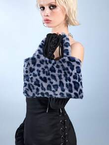 ROMWE Goth 1 Stück Y2K Retro Mode vielseitige süße & lässige hochwertige Großraum Herbst/Winter blaue Kunstfell Leopard/Tiger Muster Tierdruck Handtasche, Shopper, Umhängetasche, geeignet für Frauen, täglichen Gebrauch, Geschenk - Blau -1 - Übersicht 5